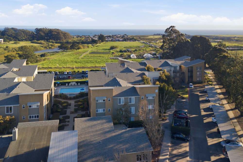 Aerial view of apartment community with pool at Pacific Shores in Santa Cruz, California