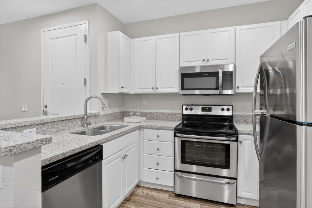 Modern kitchen with stainless steel appliances at Pacific Shores in Santa Cruz, California
