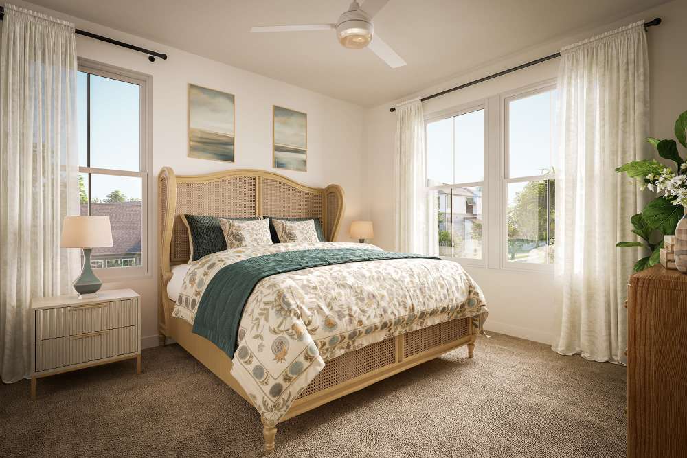 Rendering of a bedroom with large windows at Pomona Apartments in Ocala, Florida