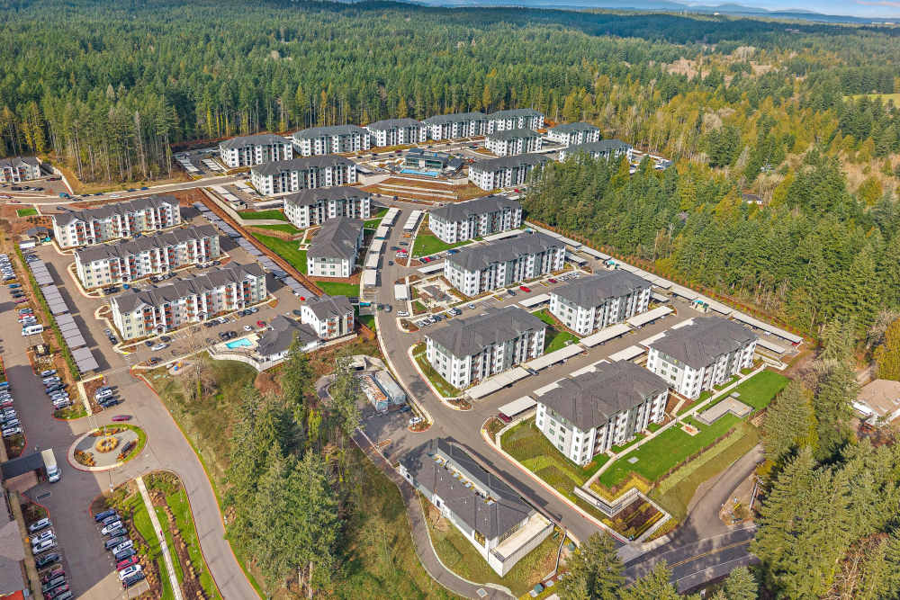 Drone shot of community at The Highlands at Silverdale in Silverdale, Washington