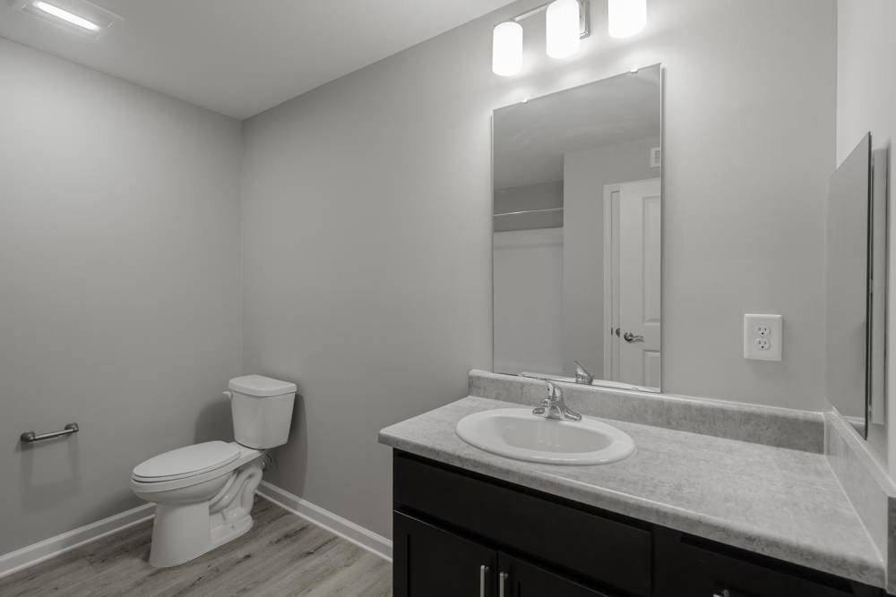 Modern bathroom with a sink, dark cabinetry, and wood-style flooring at Benton Crossing I in Columbia, South Carolina