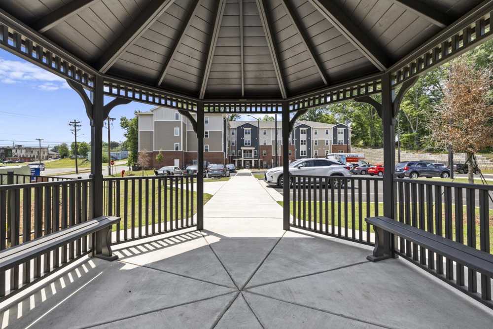 Gazebo with benches at apartment community at Bluebird Commons in Statesville, North Carolina