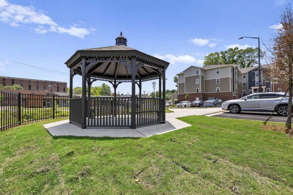 Gazebo with seating at apartment community at Bluebird Commons in Statesville, North Carolina