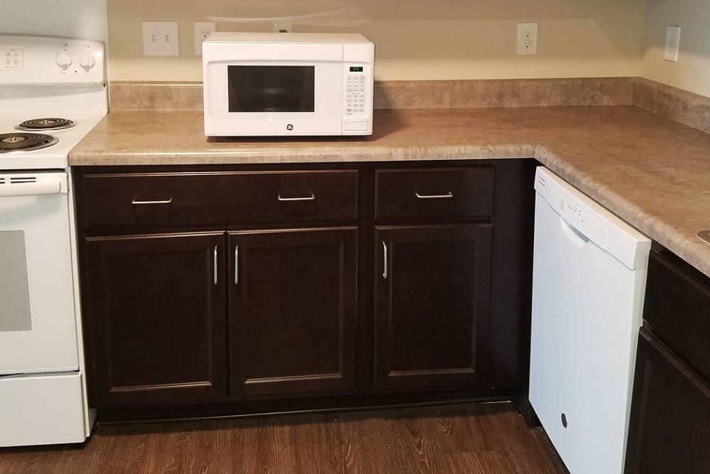 Modern kitchen with dark wood cabinets, stainless steel appliances, and wood-style flooring at Rooney Ridge in Roanoke Rapids, North Carolina