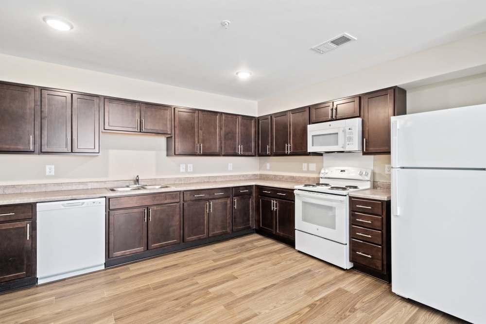 Apartment kitchen with granite countertops at Five Points Crossing in Rocky Mount, North Carolina