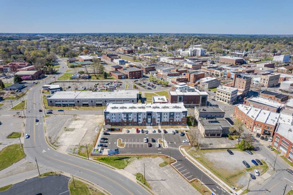 Aerial view of apartments at Five Points Crossing in Rocky Mount, North Carolina