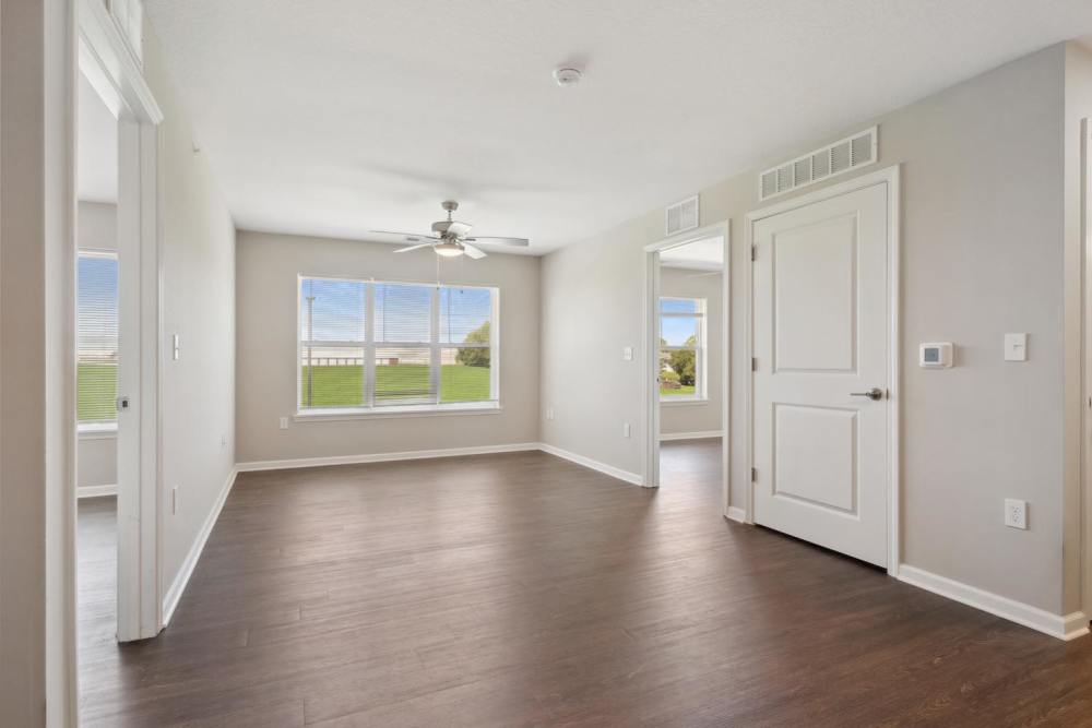 Spacious living area with wood-style flooring and large windows for natural light at Chandler Pointe in Wilton, Iowa
