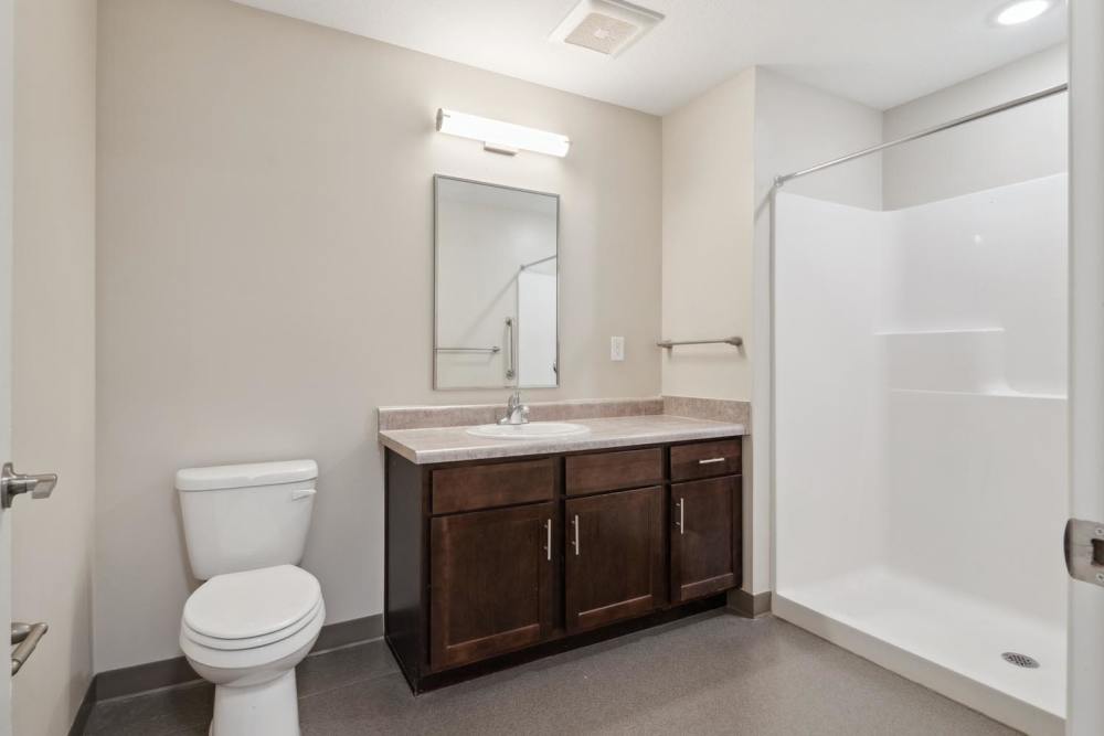 Modern bathroom with dark wood cabinetry, large mirror, and walk-in shower at Chandler Pointe in Wilton, Iowa