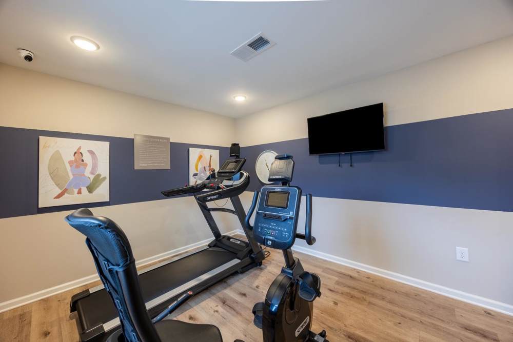 Fitness center with cardio equipment, wood-style flooring, and colorful artwork on the walls at Pender Crossing in Wilson, North Carolina
