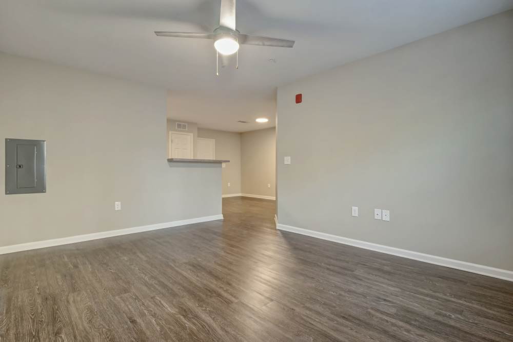 Spacious living area with wood-style flooring and ceiling fan, open layout leading to kitchen at Tate Commons in New Bern, North Carolina