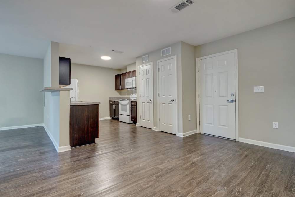 Open layout with wood-style flooring at Tate Commons in New Bern, North Carolina