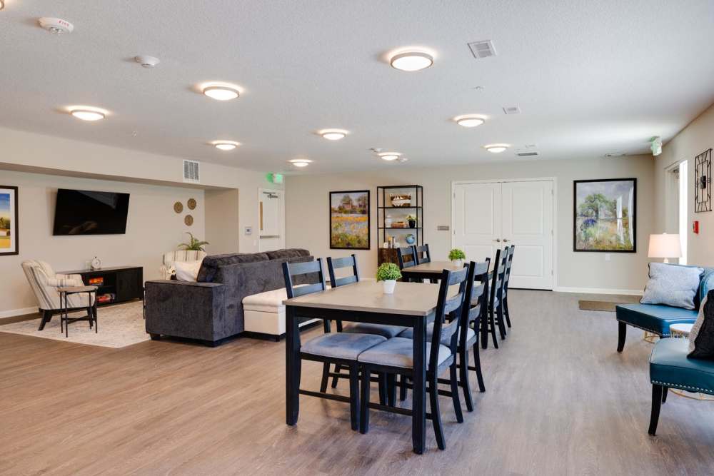 Community lounge with dining area at Williams Terrace in Indianola, Iowa