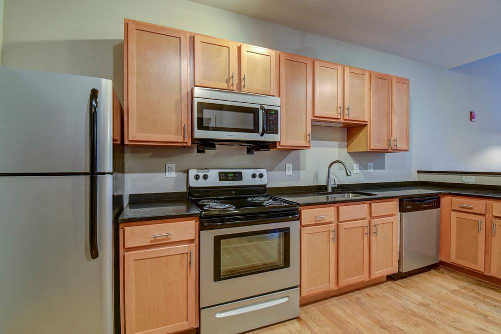 Stainless-steel appliances in the kitchen at Stone Center Lofts in Wheeling, West Virginia