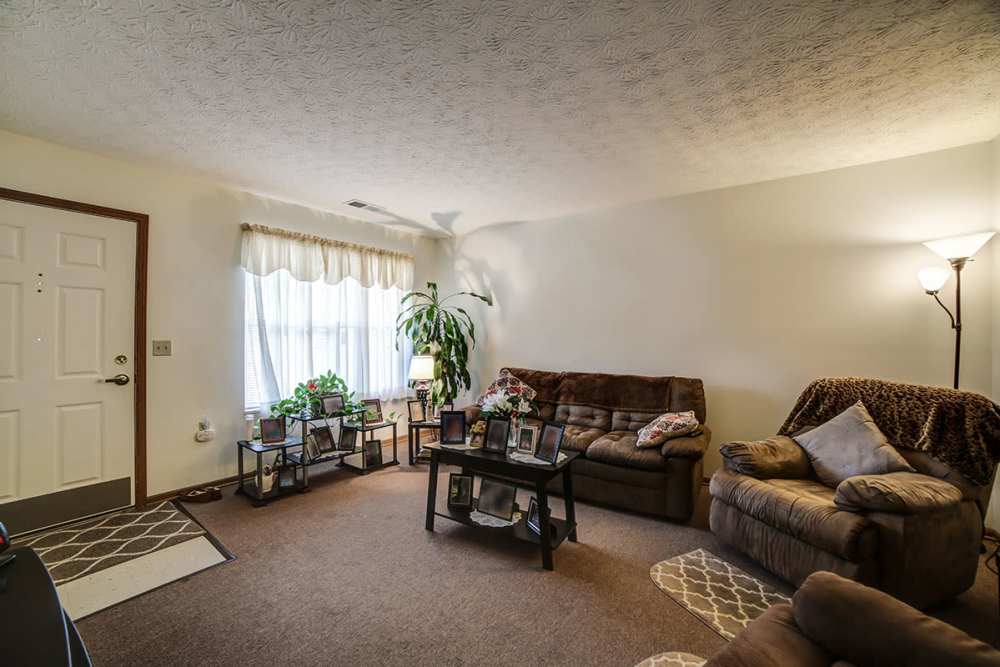 Cozy living room with plush seating, decorative plants, and natural light from large windows at Madison Grove in Slippery Rock, Pennsylvania