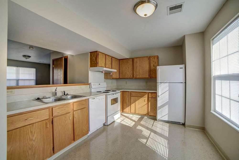 Spacious kiychen with white appliances and storage space at Raystown Crossing in Shippensburg, Pennsylvania