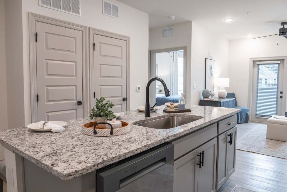 Kitchen with granite countertops and stainless steel appliances at The Flats at Crosspointe in Columbia, South Carolina