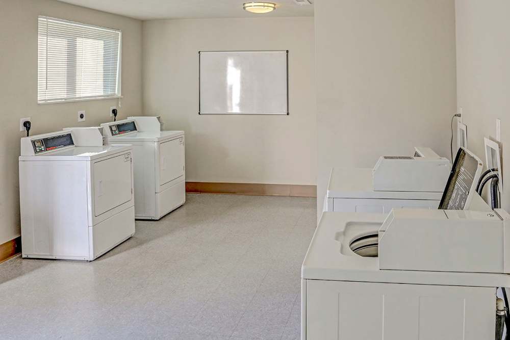 Bright laundry room with multiple white washers and dryers at Alston Park in Cincinnati, Ohio
