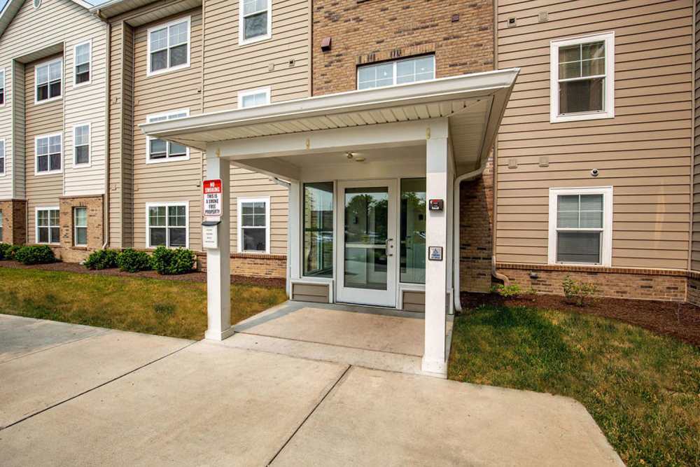 Building entrance at Audubon Crossing Senior Community in Dayton, Ohio 