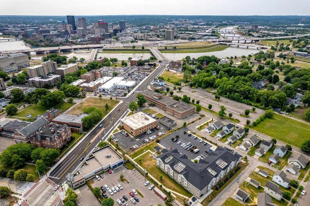 Top view of the community with greenery all around at Audubon Crossing Senior Community in Dayton, Ohio 