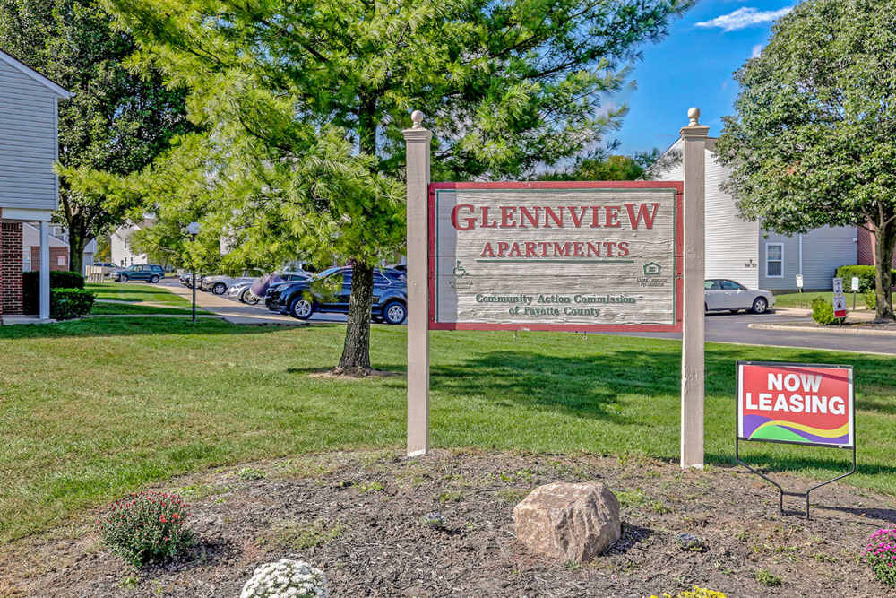 Apartment community sign with leasing information near Glennview Apartments in Washington Court House, Ohio