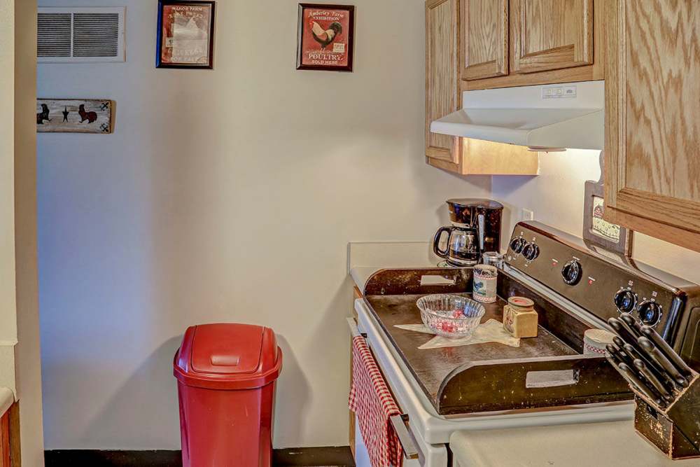 Kitchen with wooden cabinets and appliances at Glennview Apartments in Washington Court House, Ohio