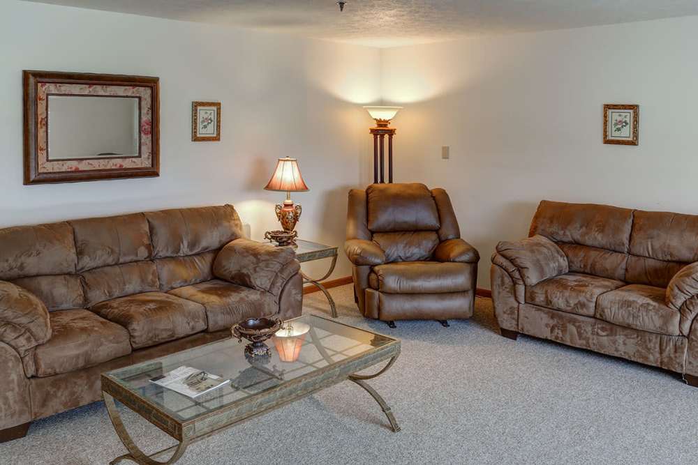 Cozy living room with plush brown sofas at Riverview Place in Ripley, Ohio