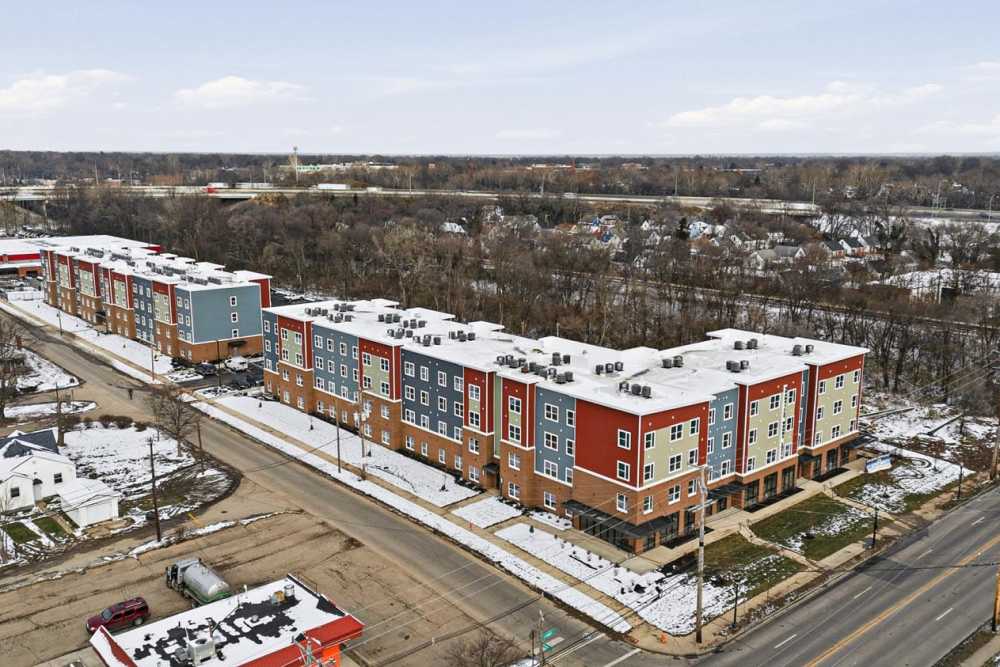 Modern apartment community with colorful exteriors at Granville Woods Lofts in Columbus, Ohio