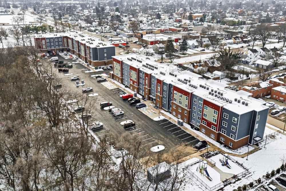 Aerial view of modern apartment community at Granville Woods Lofts in Columbus, Ohio