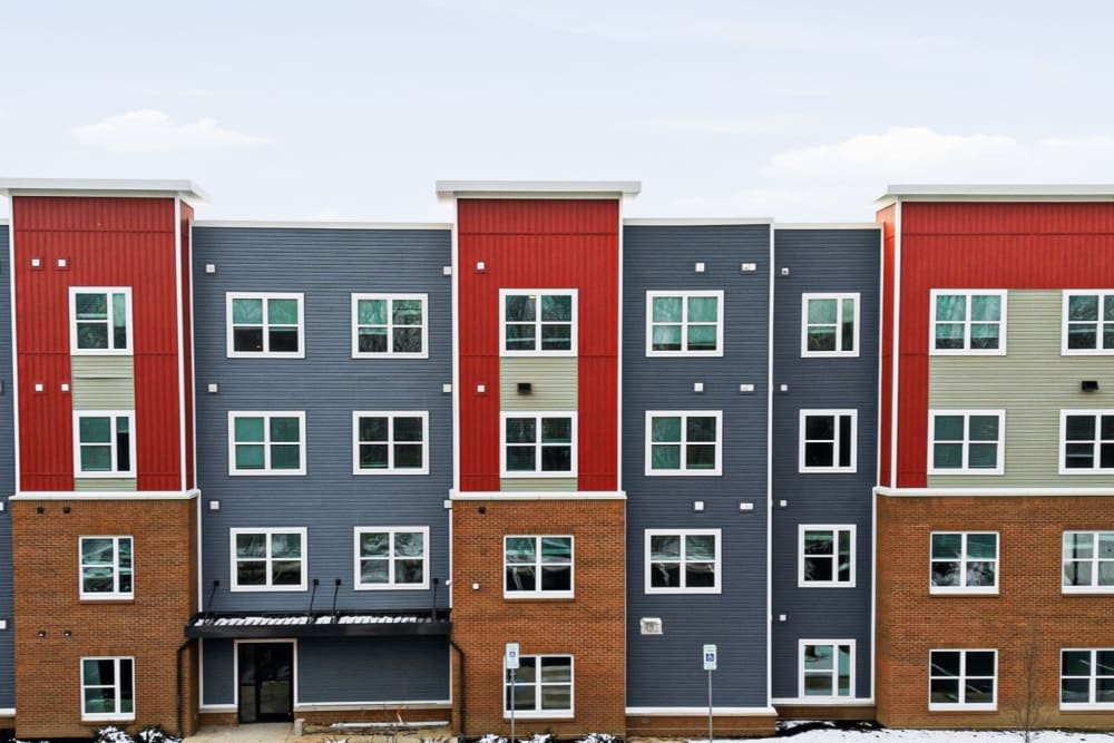 Modern apartment community with featuring a gated entrance at Granville Woods Lofts in Columbus, Ohio