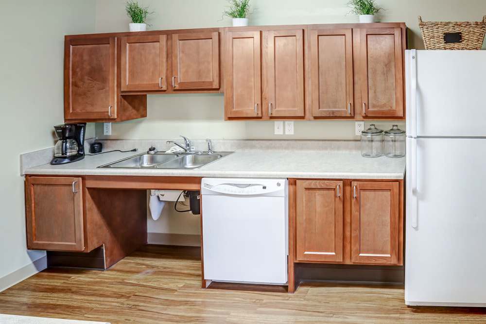 Modern kitchen with wood-style flooring and granite countertops at Hayden House in Springfield, Ohio
