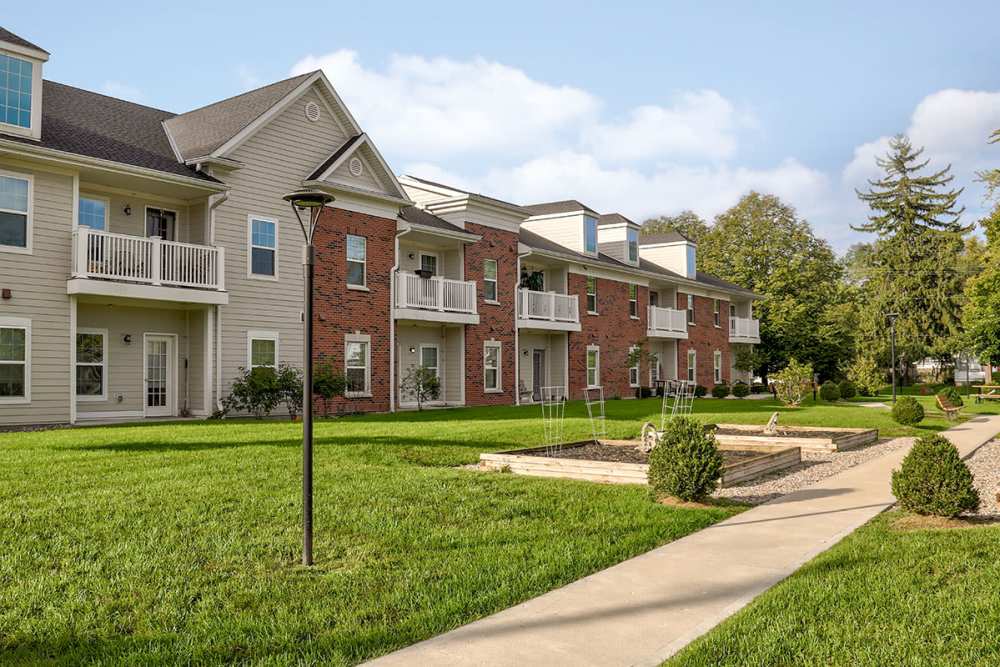 Two-story apartment buildings with balconies at Hayden House in Springfield, Ohio
