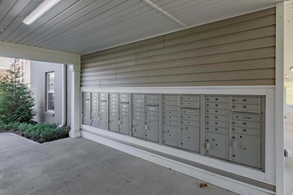 Community mailboxes in covered outdoor entry area at Kershaw Greene II in Athens, Ohio