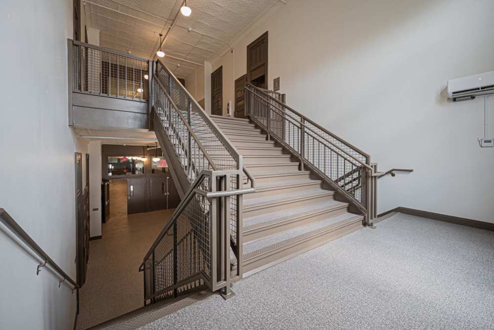 Staircase with metal railings at Starling Yard in Columbus, Ohio