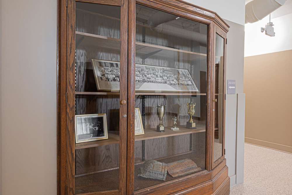 Display cabinet with framed photos at Starling Yard in Columbus, Ohio