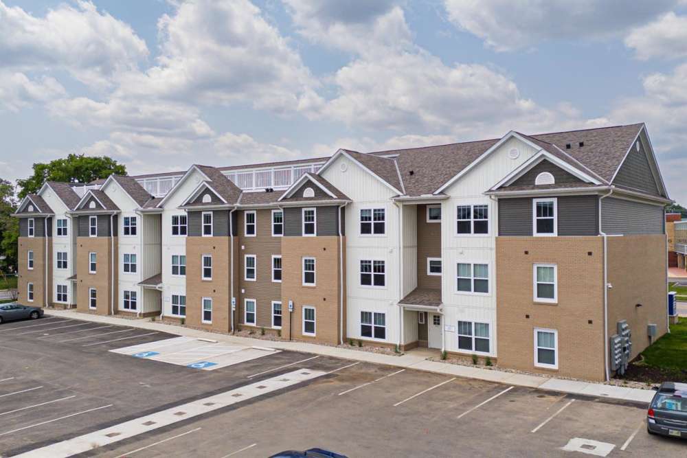 Modern apartment community with multiple stories at Starling Yard in Columbus, Ohio