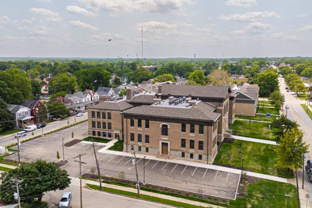 Historic apartment community with landscaped grounds at Starling Yard in Columbus, Ohio