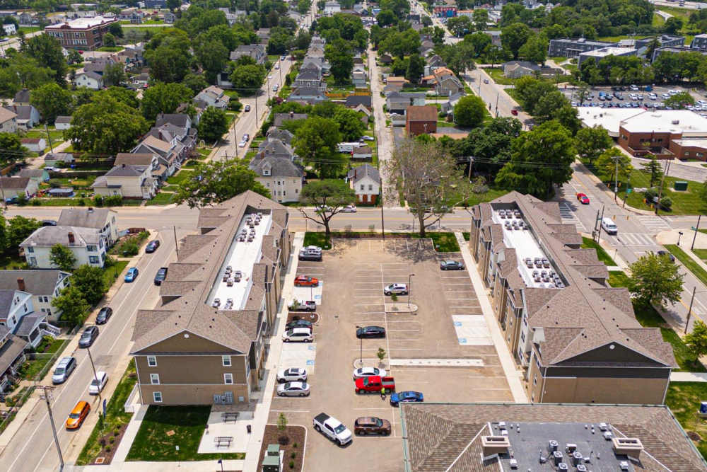 Aerial view of apartment community at Starling Yard in Columbus, Ohio