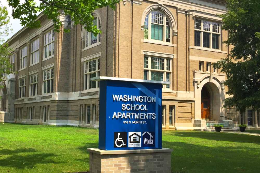 Historic building exterior at Washington School Apartments at Washington School Apartments in Washington Court House, Ohio