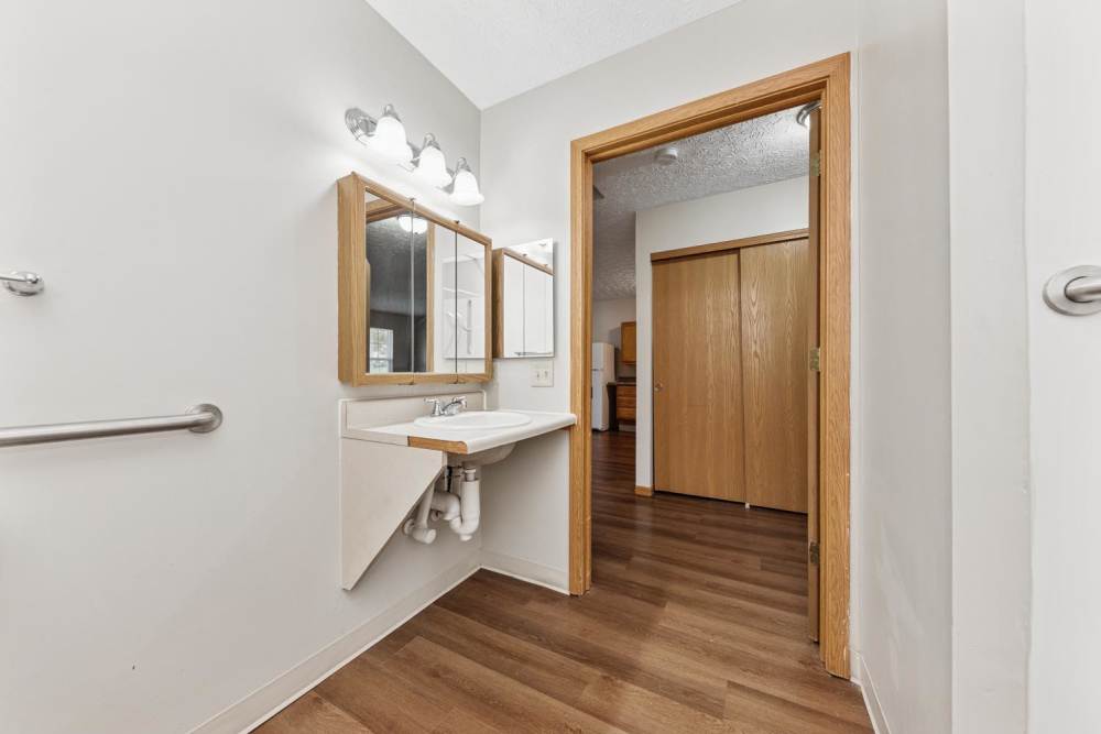 Bright bathroom with wood-style flooring at Webster Glen in Peebles, Ohio
