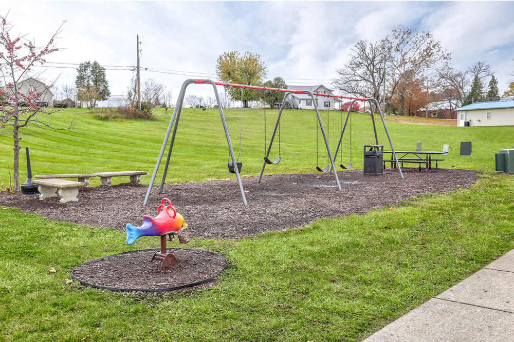 Playground area with swings and picnic table at Webster Glen in Peebles, Ohio