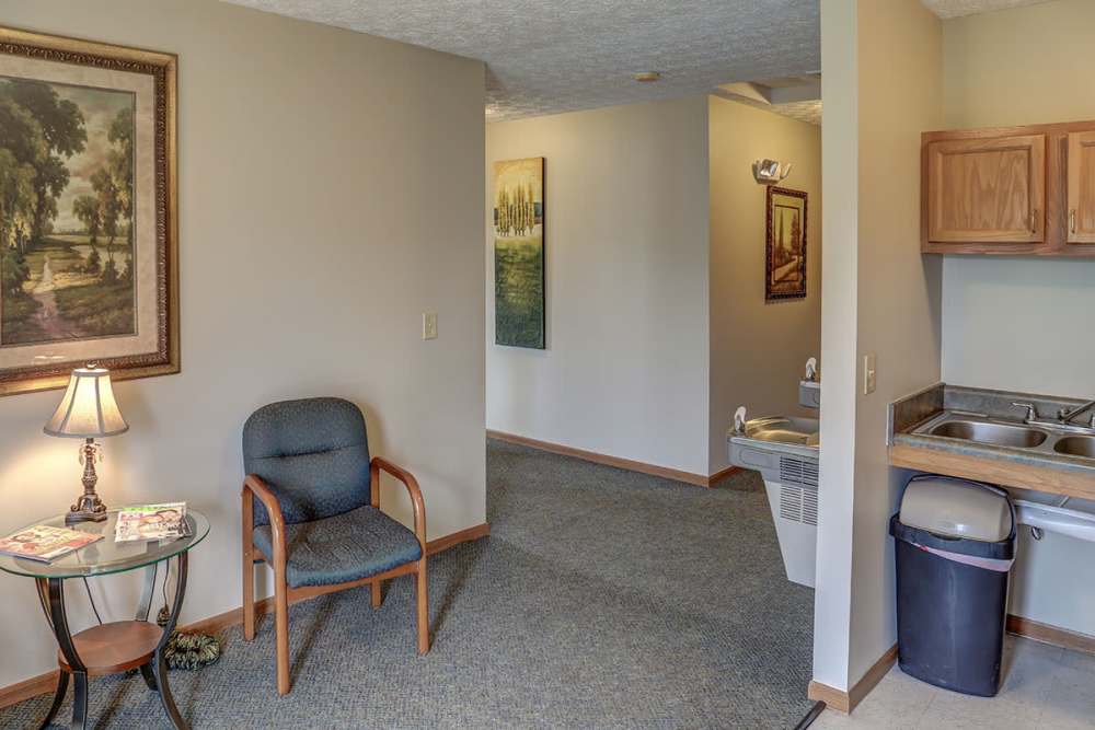 Cozy living area with carpeted flooring at Webster Glen in Peebles, Ohio