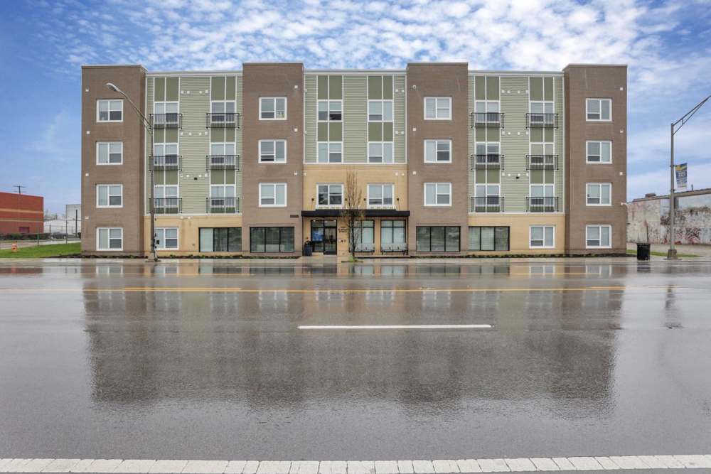 Gray sky with clouds above a building at McKinley Manor in Columbus, Ohio
