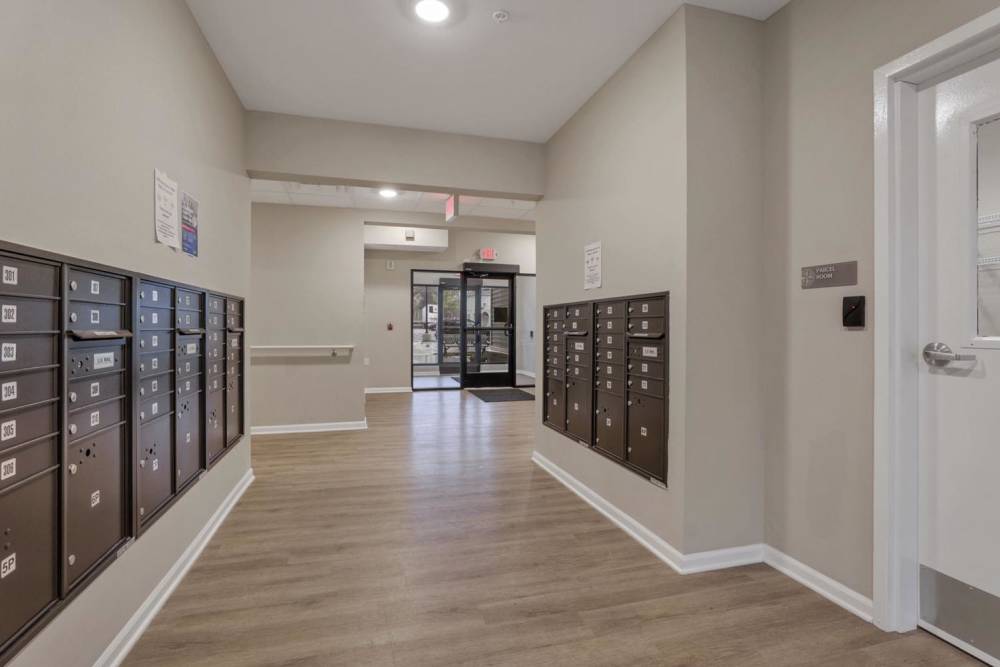 Mailboxes lined along a hallway at McKinley Manor in Columbus, Ohio