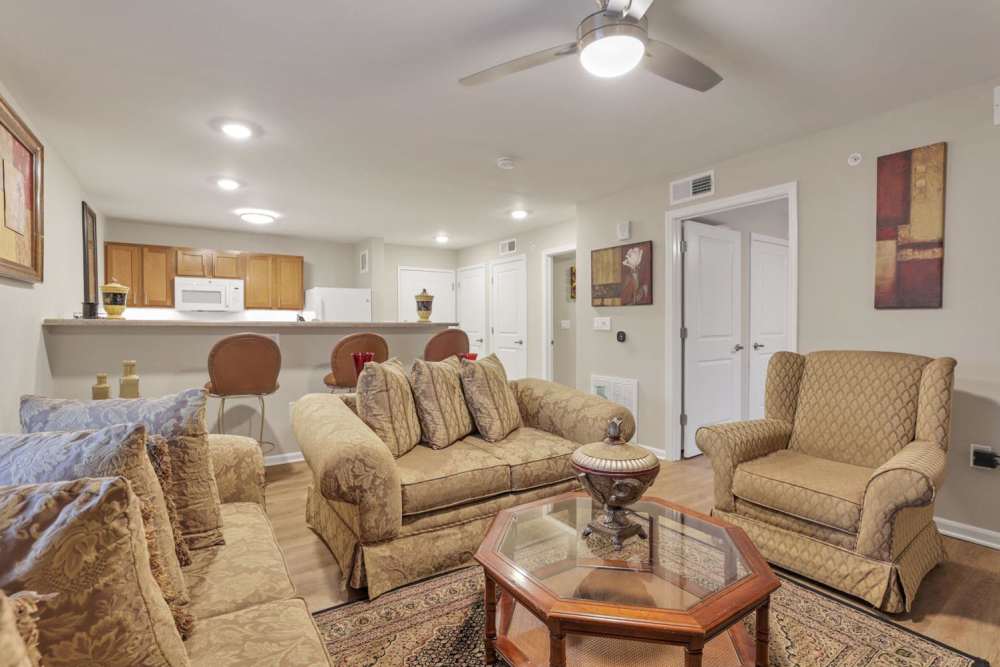 View of the kitchen from the spacious living room at McKinley Manor in Columbus, Ohio 
