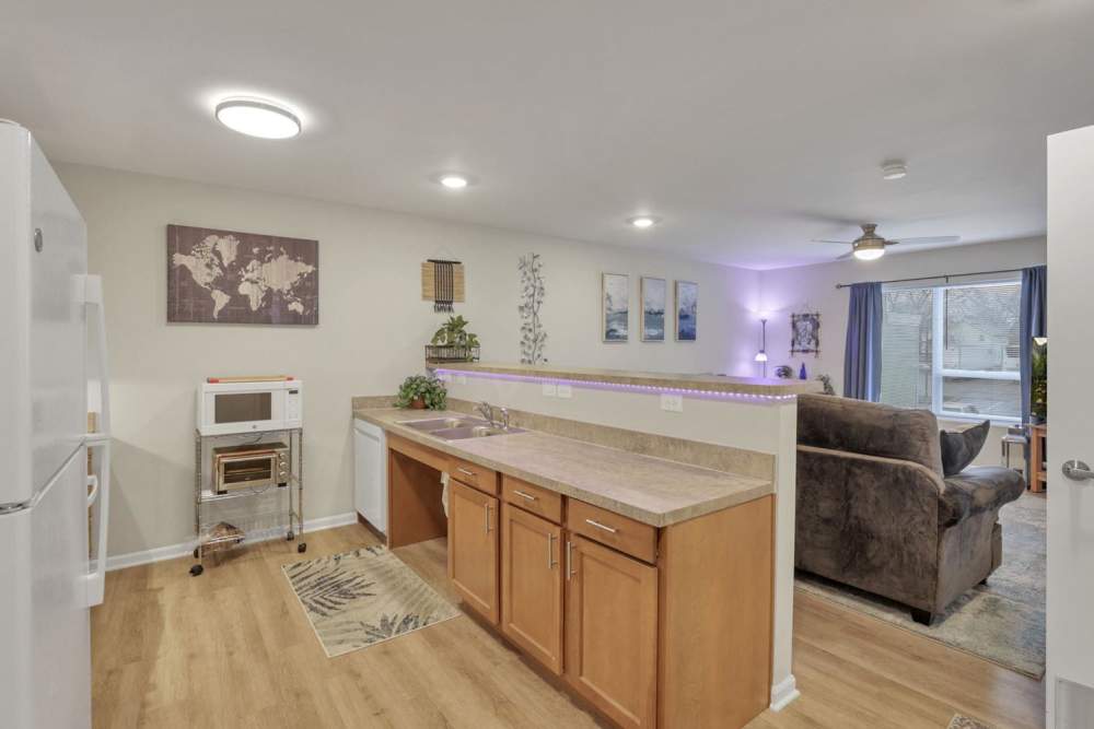 View of the living room and the kitchen at McKinley Manor in Columbus, Ohio 
