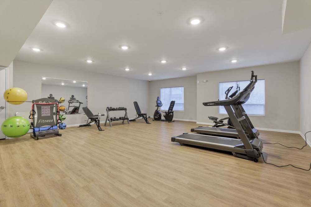 Mirrored wall with fitness equipment at McKinley Manor in Columbus, Ohio