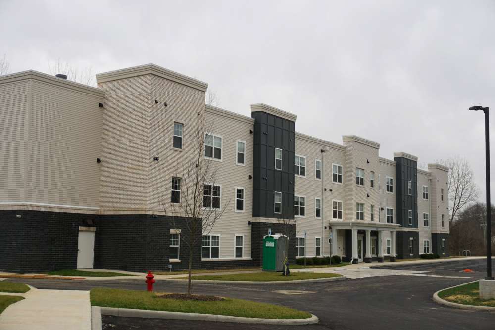 Modern brick exterior with parking area at Wendler Commons in Columbus, Ohio