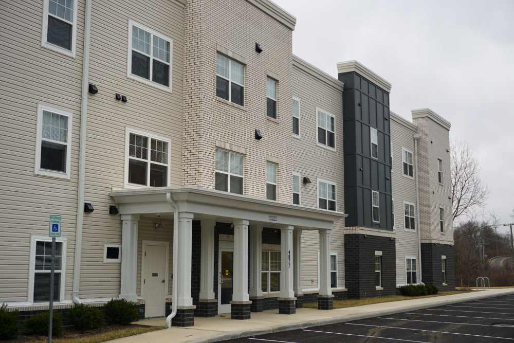 Modern apartment building entrance at Wendler Commons in Columbus, Ohio