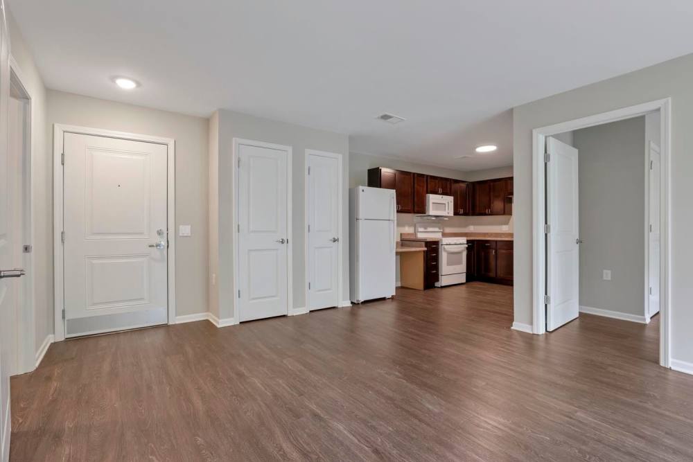 Open layout with wood-style flooring at Wendler Commons in Columbus, Ohio