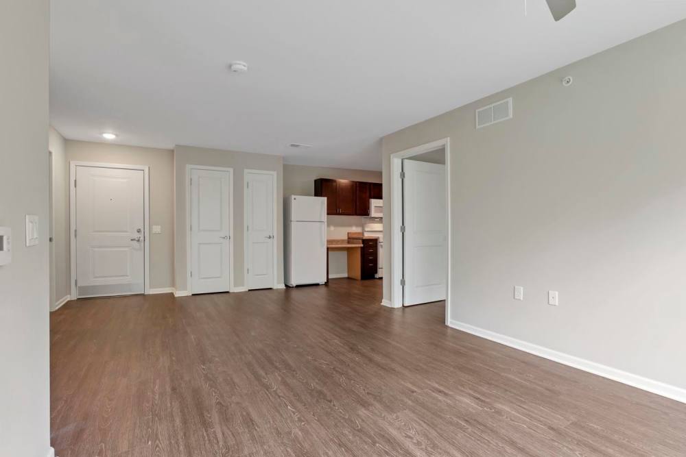 Wood-style flooring in open living area at Wendler Commons in Columbus, Ohio